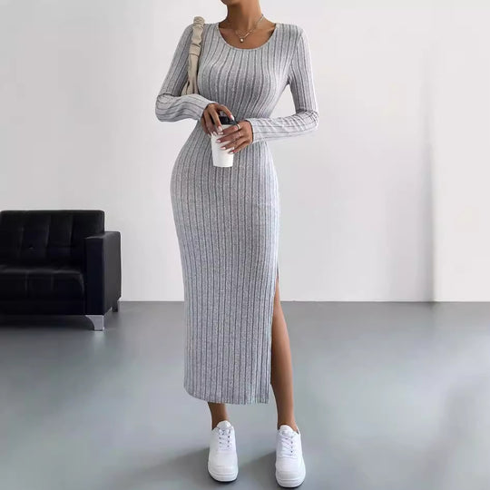 Damen Maxikleid mit seitlichem Schlitz und strukturiertem Rippdesign EB