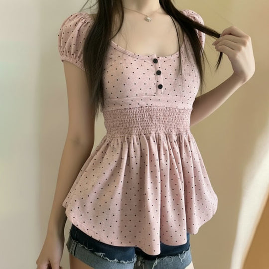 Damen Verspieltes Polka Dots Oberteil mit Rüschen und Knopfleiste EB
