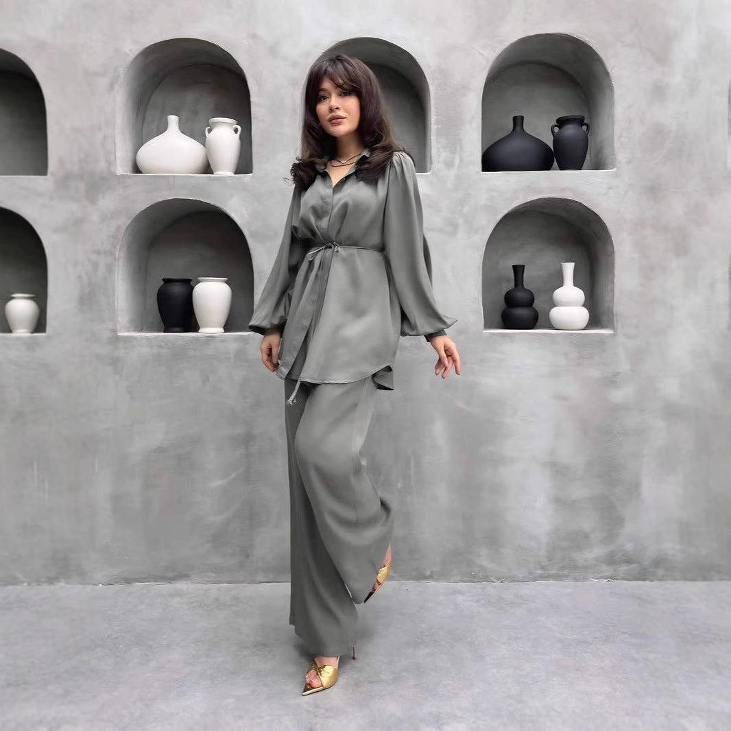 Damen elegantes Set mit langer Bluse und weitem Hosen EB