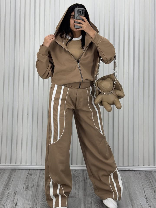 Damen Oversize Kapuzen-Sweatjacke mit Reißverschluss und weitem Trackpant-Set EB