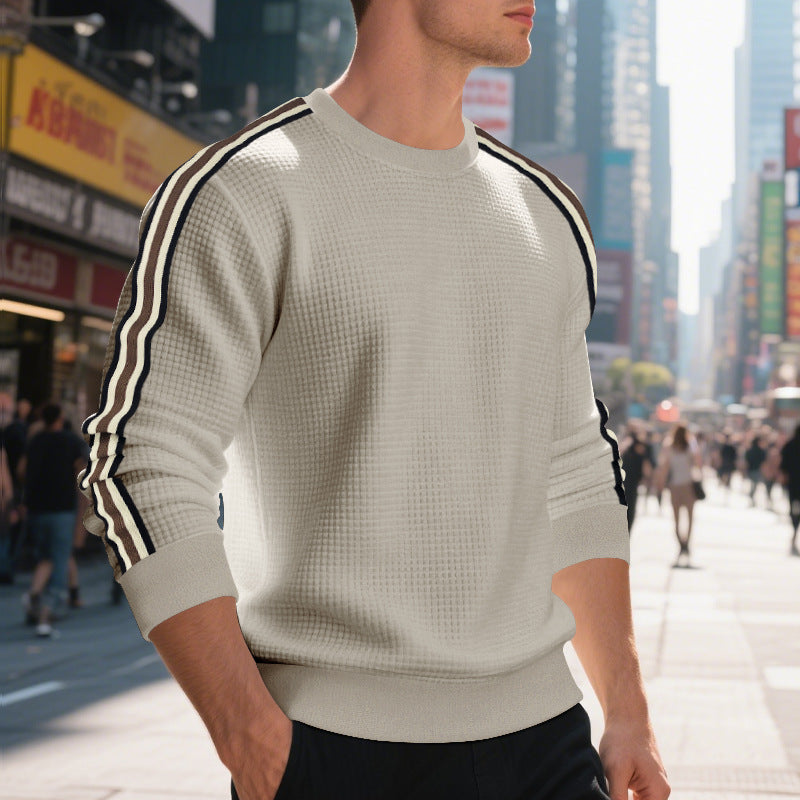 Herren Waffelstrick-Pullover mit kontrastierenden Ärmelstreifen und Rundhalsausschnitt EB