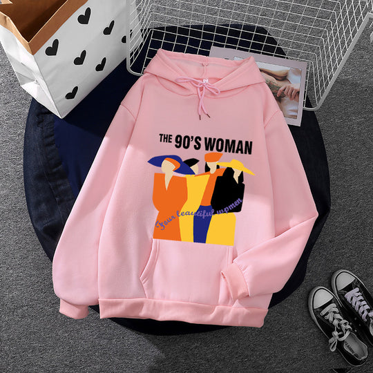 Damen nan weit geschnittener Kapuzenpullover mit Neunzigerjahre-Illustrationsprint, angerautem Fleece und Kängurutasche EB