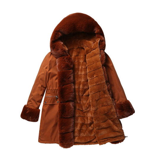 Damen elegante Parkajacke mit luxuriösem Kunstfellbesatz EB