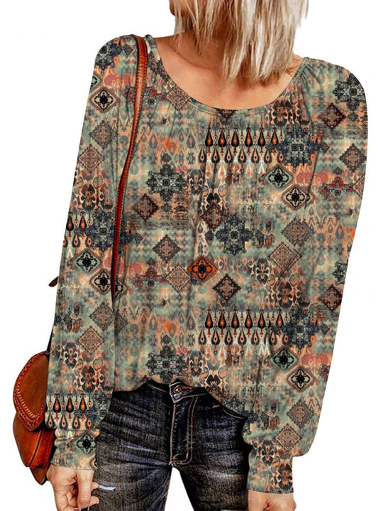 Damen Ethno-Print Oversize-Tunika mit Rundhalsausschnitt und langen Ballonärmeln EB