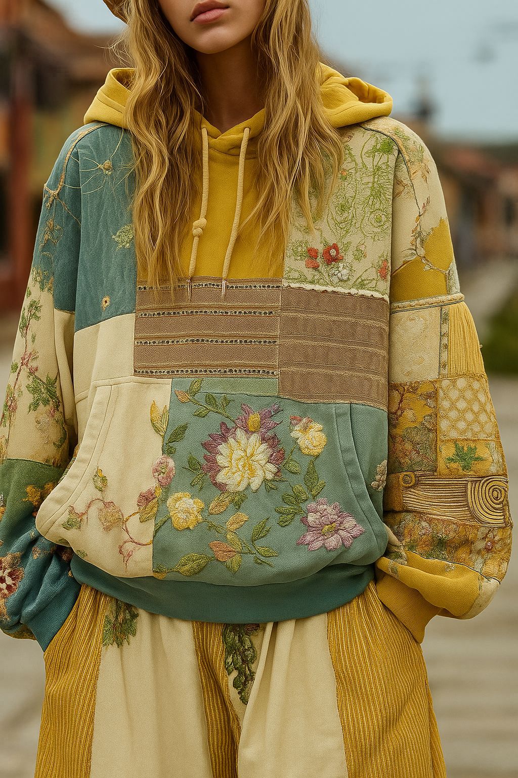 Damen Bestickter Patchwork-Kapuzenpullover mit Blumenapplikation und Kängurutasche EB