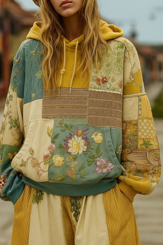 Damen Bestickter Patchwork-Kapuzenpullover mit Blumenapplikation und Kängurutasche EB
