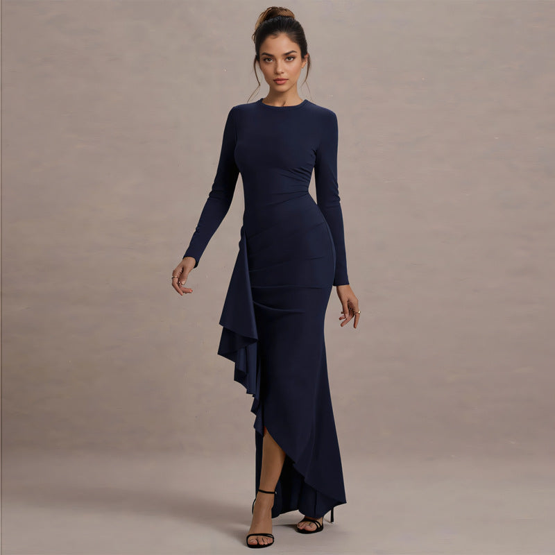 Damen elegantes Maxikleid mit asymmetrischem Rüscheneinsatz und langer Silhouette EB