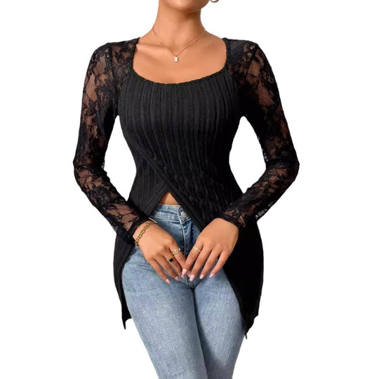 Damen Elegantes Oberteil mit einzigartiger Rippstruktur und feiner Spitzenverzierung EB