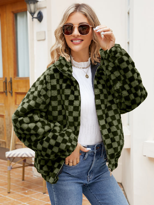 Damen Fleecejacke mit modernem Karomuster und hohem Kragen EB