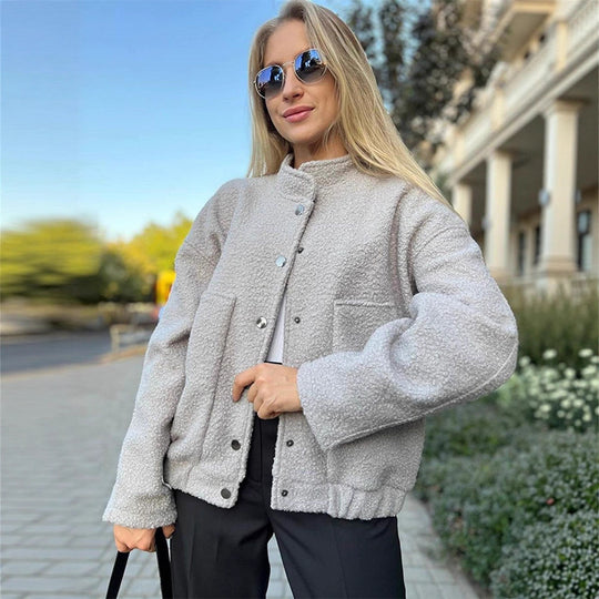 Damen Oversized Fleecejacke mit Druckknöpfen und praktischen Taschen EB