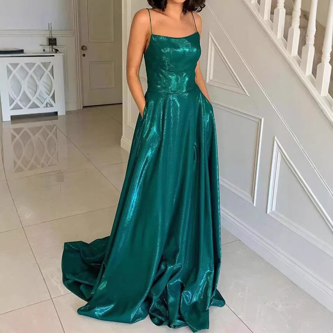 Damen Glamouröses Abendkleid mit funkelndem Satin und schwingendem Rock EB
