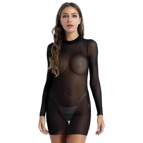 Damen Transparentes Minikleid mit langen Ärmeln und femininem Schnitt EB