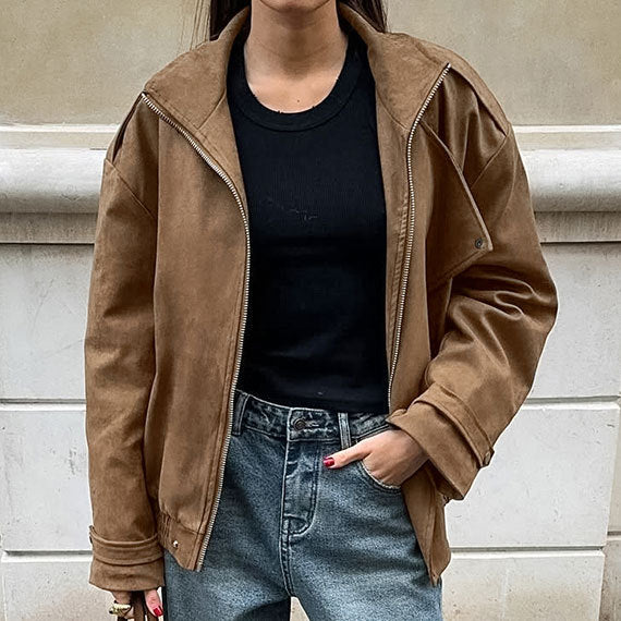 Damen Modische Suede-Bomberjacke mit praktischen Taschen und Reißverschluss EB