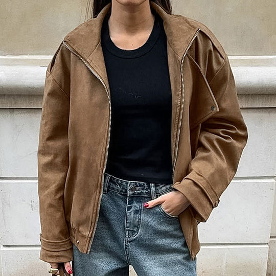 Damen Modische Suede-Bomberjacke mit praktischen Taschen und Reißverschluss EB