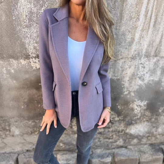 Damen taillierter Bouclé-Blazer mit fallendem Revers und Ein-Knopf-Detail EB