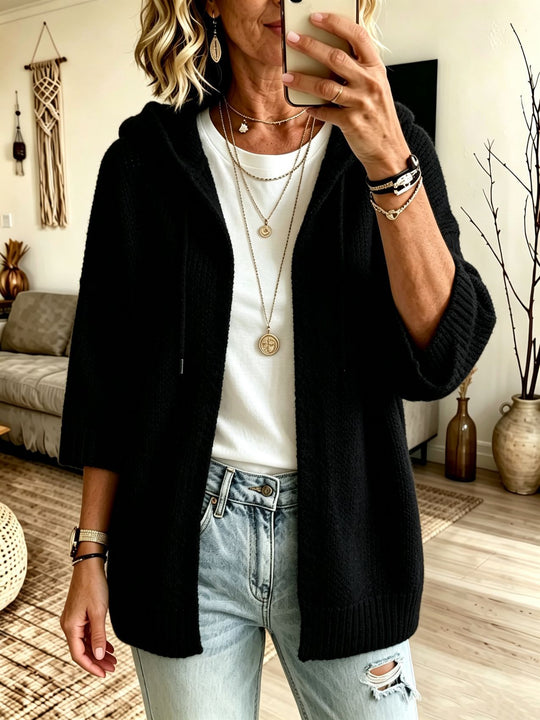 Damen Kapuzen-Longcardigan aus grobem Strick mit 3/4-Ärmeln und offener Front EB