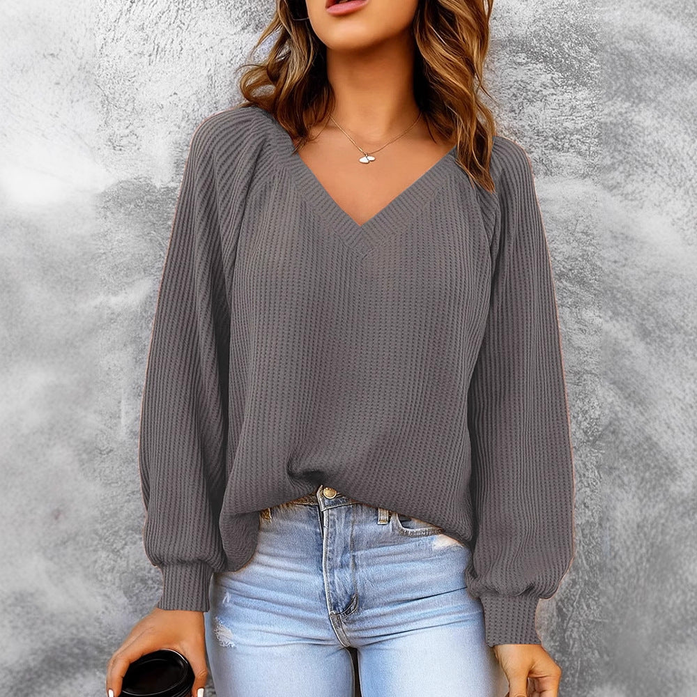 Damen Feinstruktur-Strickpullover mit V-Ausschnitt, Ballonärmeln und Rippbündchen EB