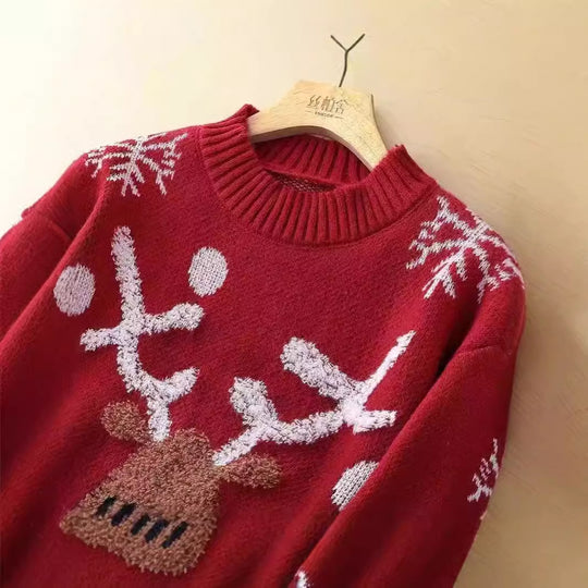 Damen festlicher Strickpullover mit Rentier-Motiv und Schneeflocken EB