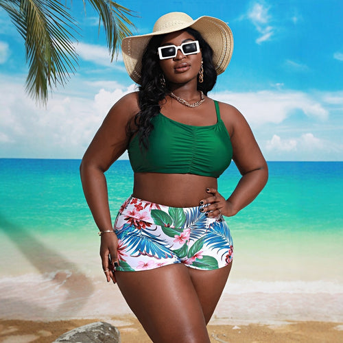 Damen Bikini-Set mit gerafftem Oberteil und floralem Höschen EB
