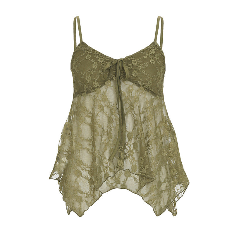 Damen Spitzen-Tanktop mit asymmetrischem Schnitt und dekorativem Bindeband EB