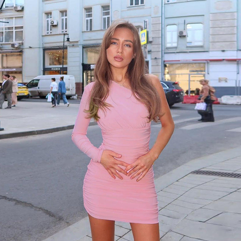 Damen schulterfreies Minikleid mit Rüschendetails und asymmetrischem Ausschnitt EB