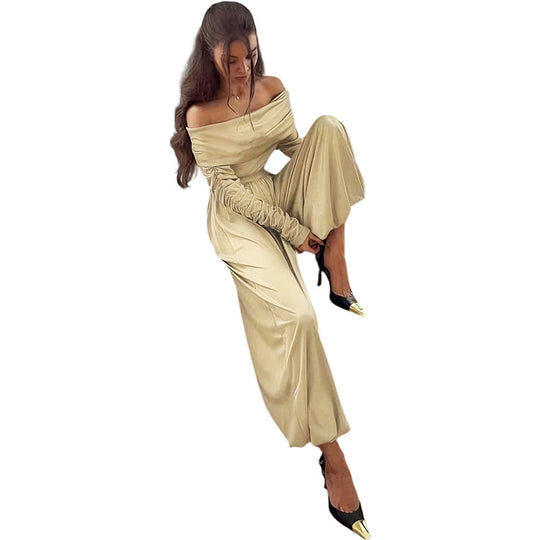 Damen Off-Shoulder Overall mit Raffungen und weitem Bein EB