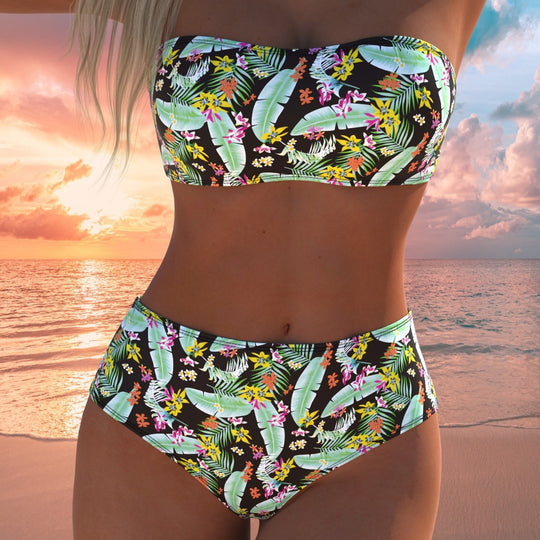 Damen Bandeau-Bikini mit hochgeschnittenen Pants und buntem Bedruck EB