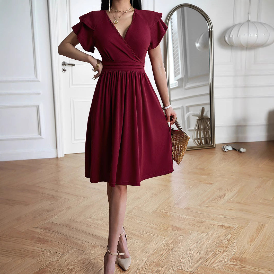 Damen elegantes Wickelkleid mit Rüschendetails und Taillierung EB