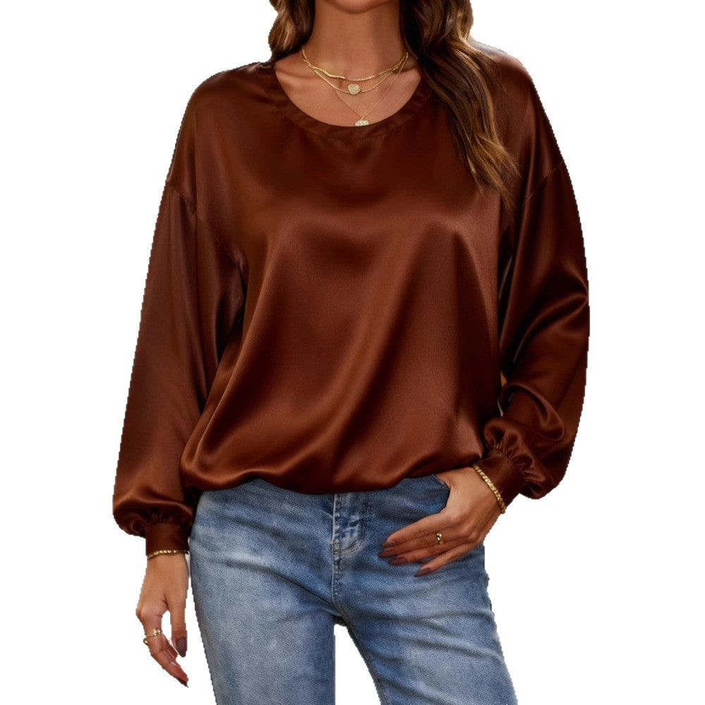 Damen Glänzende Satin-Bluse mit Rundhalsausschnitt und Ballonärmeln EB