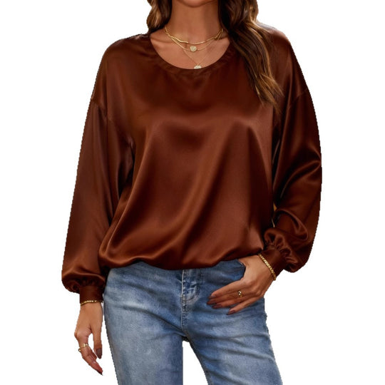 Damen Glänzende Satin-Bluse mit Rundhalsausschnitt und Ballonärmeln EB