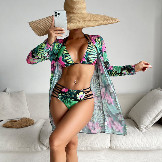 Damen Triangel-Bikini mit hohem Bund und floralem Design EB
