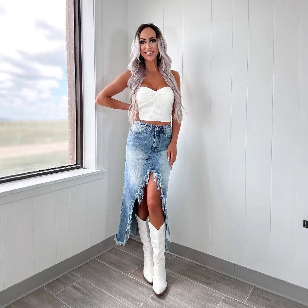Damen Jeansrock mit asymmetrischem Schlitz und Fransensaum EB