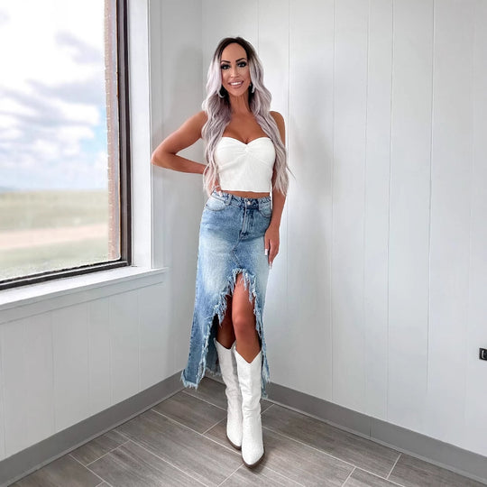 Damen Jeansrock mit asymmetrischem Schlitz und Fransensaum EB