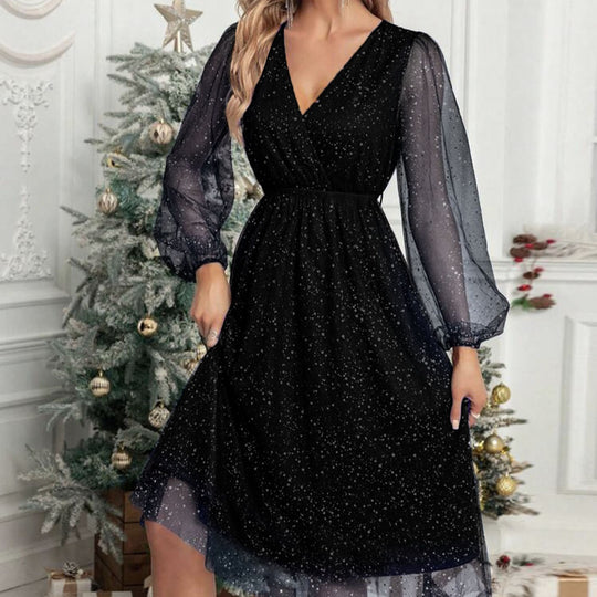 Damen Glamouröses Midikleid mit transparenten Puffärmeln und schimmerndem Paillettenmuster EB