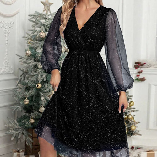 Damen Glamouröses Midikleid mit transparenten Puffärmeln und schimmerndem Paillettenmuster EB