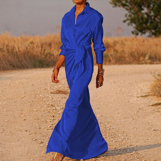 Damen Elegantes Wickel-Maxi-Kleid mit vielseitigem Kragen und seitlichem Schlitz EB