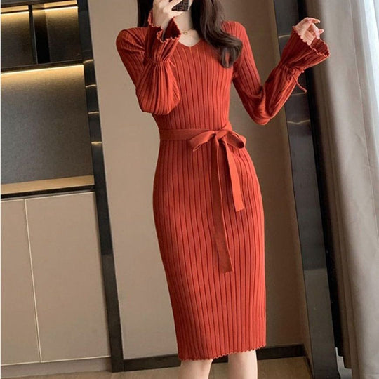 Damen Figurbetontes Maxikleid mit Bindegürtel und Rippstruktur EB