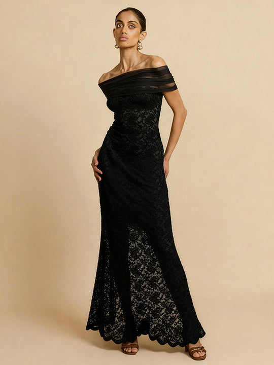Damen Spitzen-Maxikleid mit schulterfreiem Design und elegantem Drapierungseffekt EB