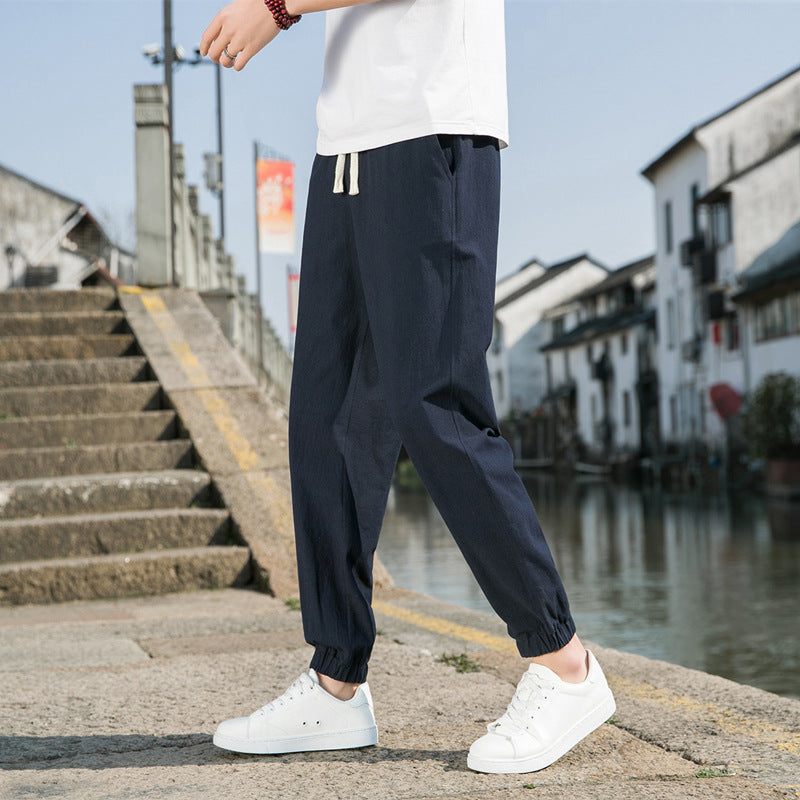 Herren nan tapered Leinen-Baumwoll-Jogger mit Kordelzug, elastischem Knöchelbündchen und schlanker Silhouette EB