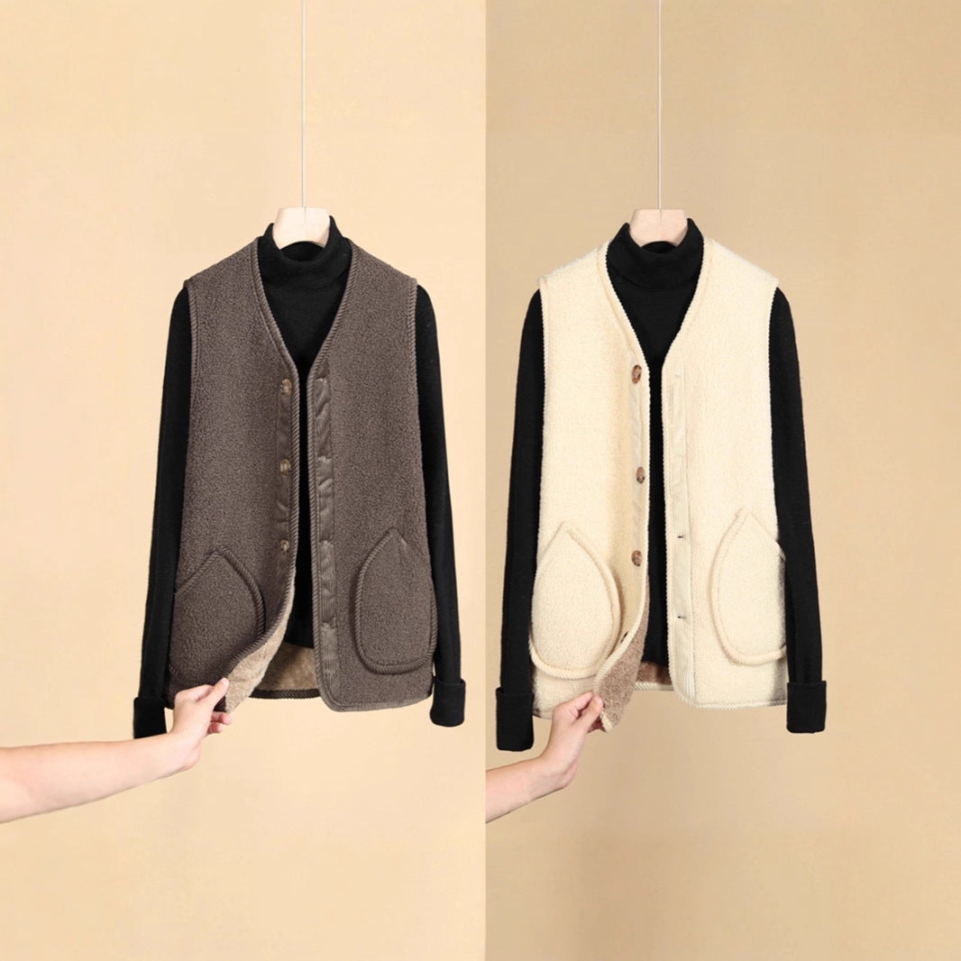 Damen Ärmellose Thermofleece-Weste mit Knopfleiste und Rundtaschen EB