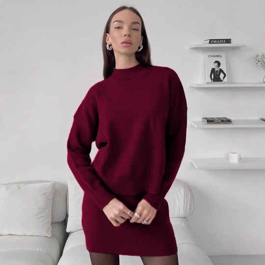 Damen kuscheliges Strickensemble mit hochgeschlossenem Design und ausgestelltem Rock EB