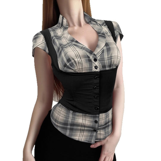 Damen karierte Bluse mit figurbetonendem Schnitt und stylishen Akzenten EB