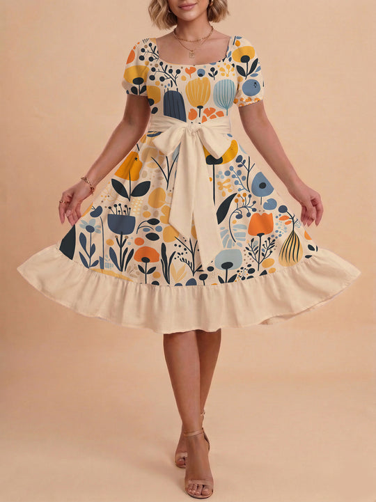 Damen Midi Kleid mit elegantem Blumendruck und tailliertem Gürtel EB