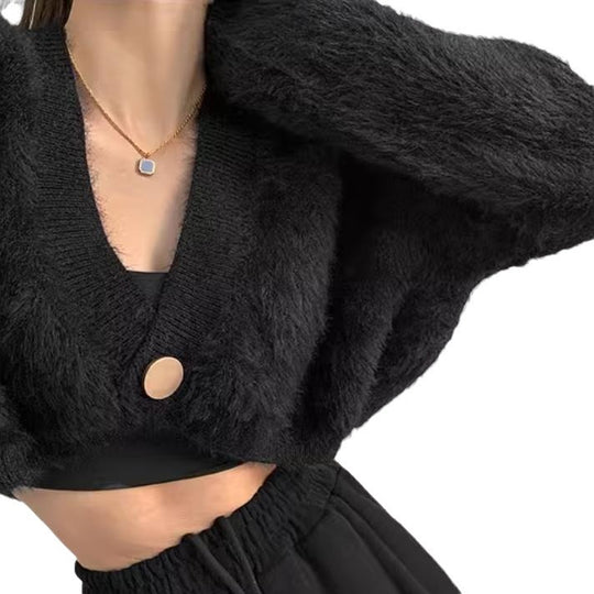 Damen cropped Strickjacke mit voluminösen Ärmeln und Knopfdetail EB