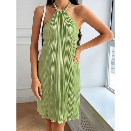 Damen Plissiertes Sommerkleid mit Neckholder und fließendem Schnitt EB