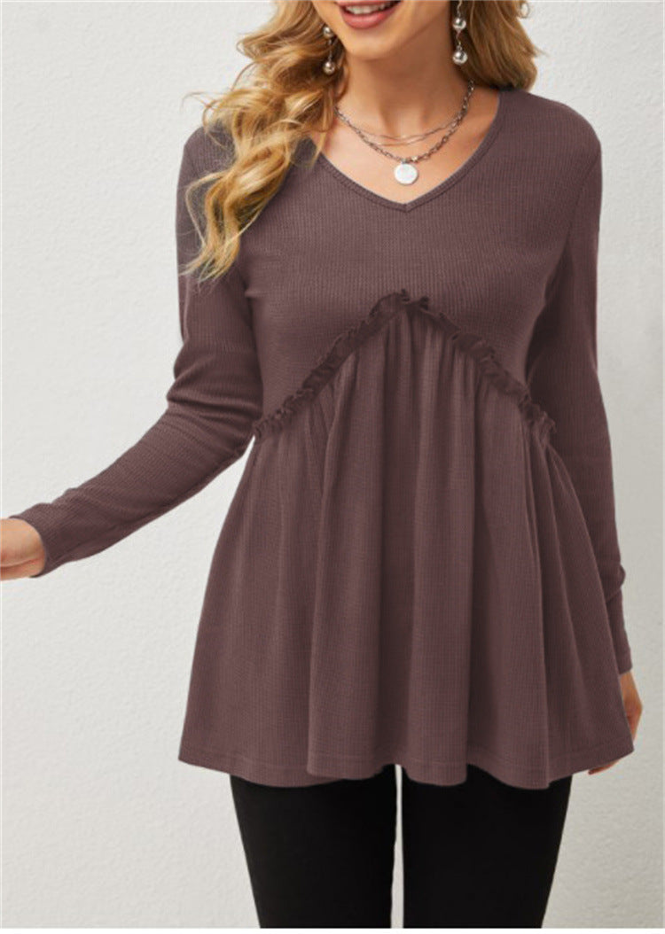 Damen V-Ausschnitt Langarmshirt mit Rüschendetail EB