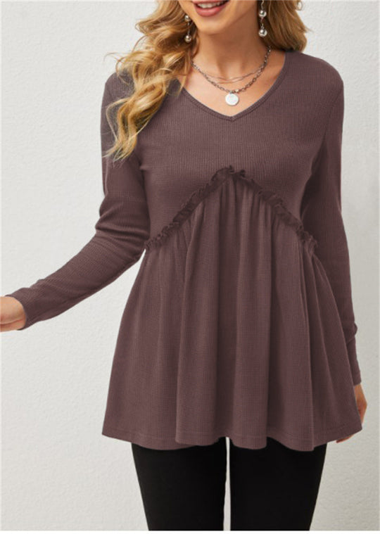 Damen V-Ausschnitt Langarmshirt mit Rüschendetail EB