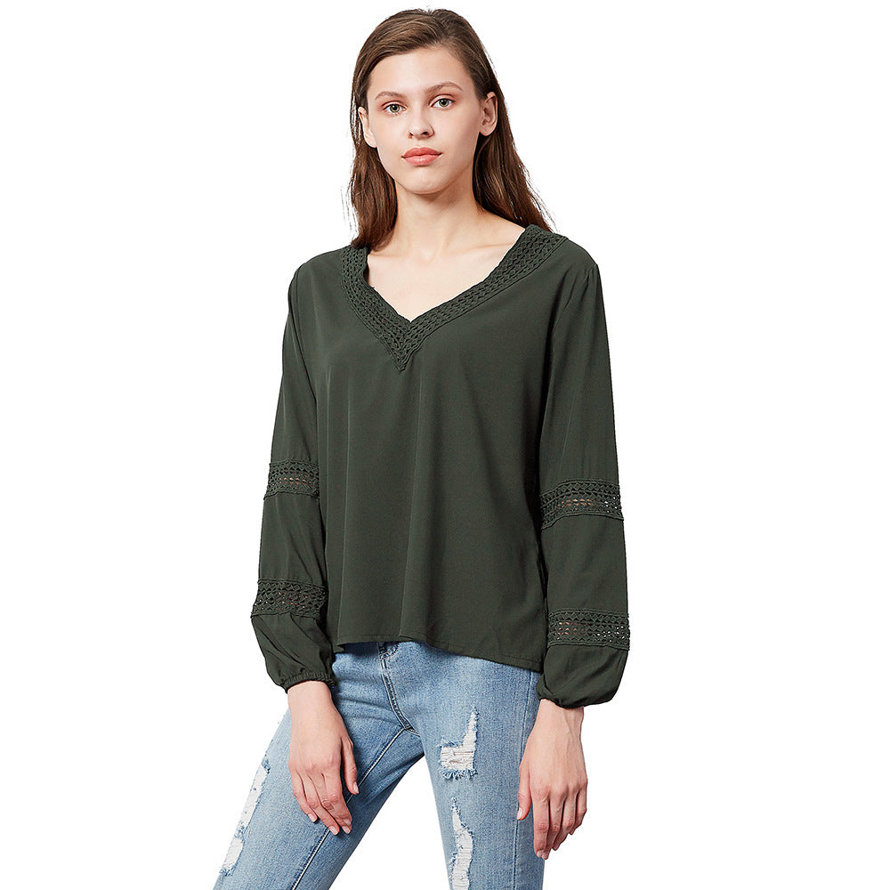 Damen luftige Bluse mit V-Ausschnitt und Spitzenbesatz EB
