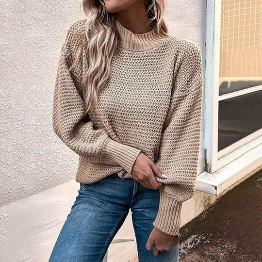 Damen Grobstrickpullover mit hohem Kragen und ballonförmigen Ärmeln EB