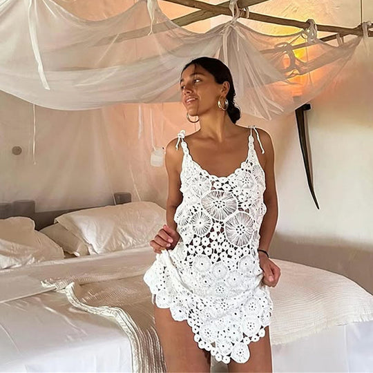 Damen gehäkeltes Strandkleid mit raffinierter Blumenspitze EB